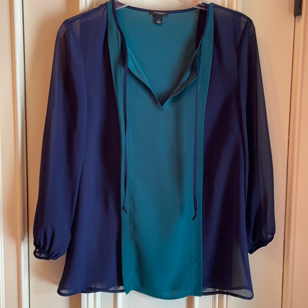 Navy blue and green Ann Taylor blouse, size 2